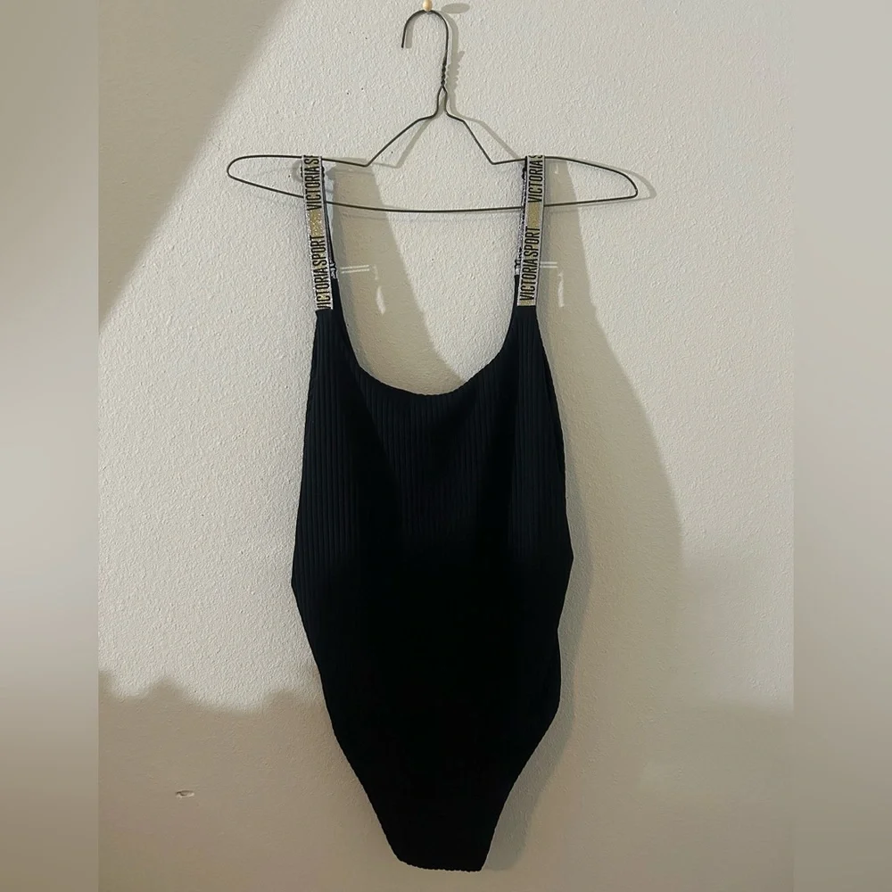 victoria’s secret sports black bodysuit one piece swimsuit ribbed scoop back - Picture 1 of 7